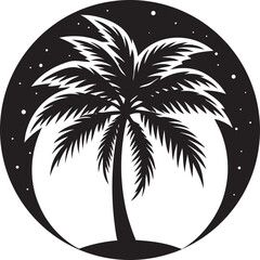 Obraz premium Monochrome Silhouette of a Palm Tree in a Circle with Stars, Representing a Tropical Night