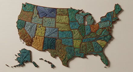 Intricate Threadwork Depicts a Vibrant, Textured Map of the United States.