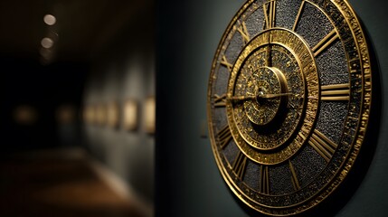 Fototapeta premium Intricately designed old Byzantine clock face gold detailing mounted museum wall with dim lighting artistic expression of religious and imperial timekeeping on 