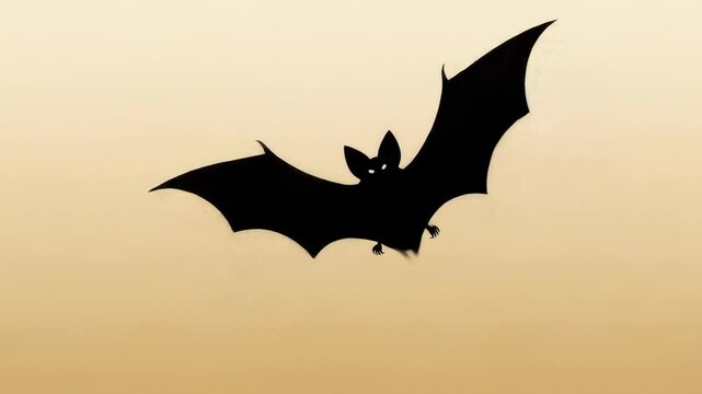 Silhouette of Bat Against Beige Background - A black silhouette of a bat is displayed against a muted beige background. The bat is centrally positioned and appears to be in flight.