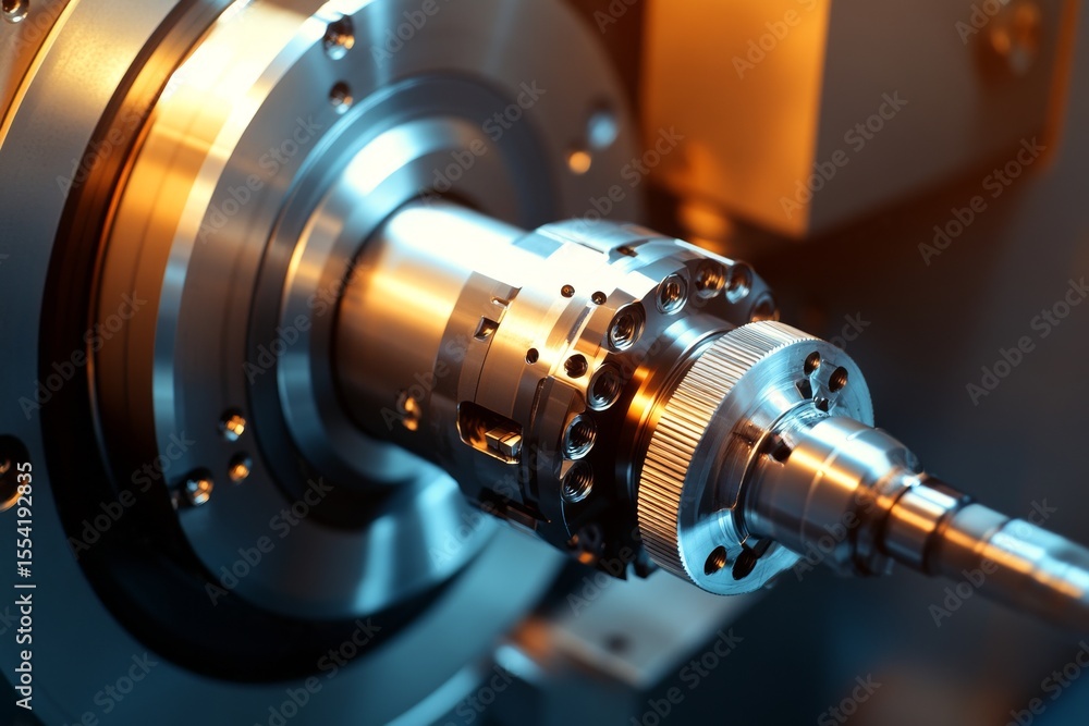 Poster precision components are operated by advanced machinery during a high-tech production cycle in a mod
