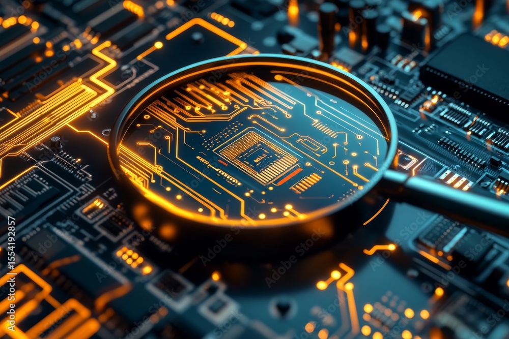 Poster using a magnifying glass to closely inspect a circuit board makes visible the intricate designs and 