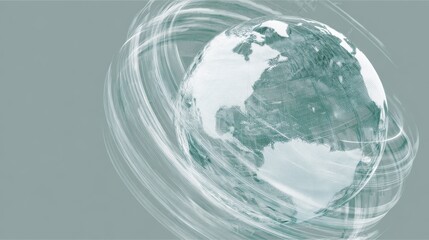 Digital-styled globe with grid-like, semi-transparent Earth map, surrounded by swirling wavy lines symbolizing motion and energy, on a light gray background.
