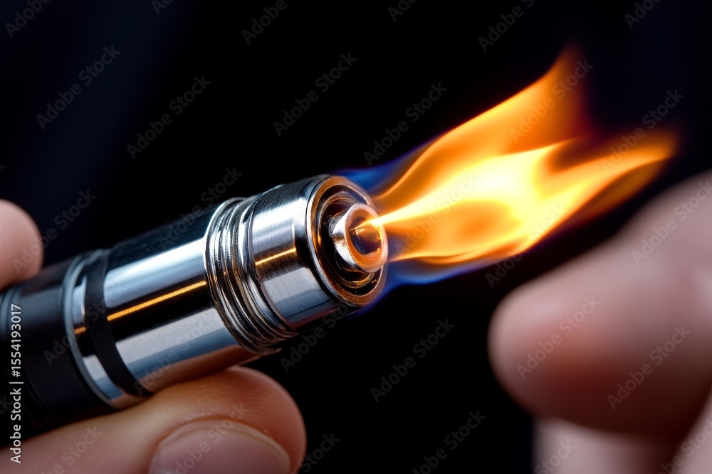 Poster in a workshop, a precision tool is utilized to create an intricate flame during the evening