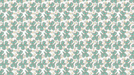 A repeating pattern of teal balloon dogs with pink spots on a white background with small flowers