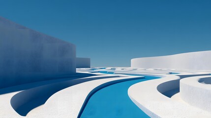 Abstract Architectural Design with Curved White Structures and Blue Channels