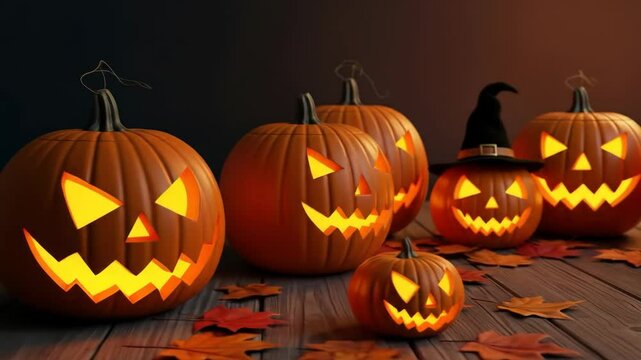 Lit Jack-o'-lanterns on Wooden Table with Autumn Leaves - A group of carved pumpkins with illuminated faces sits on a rustic wooden surface surrounded by autumn leaves.