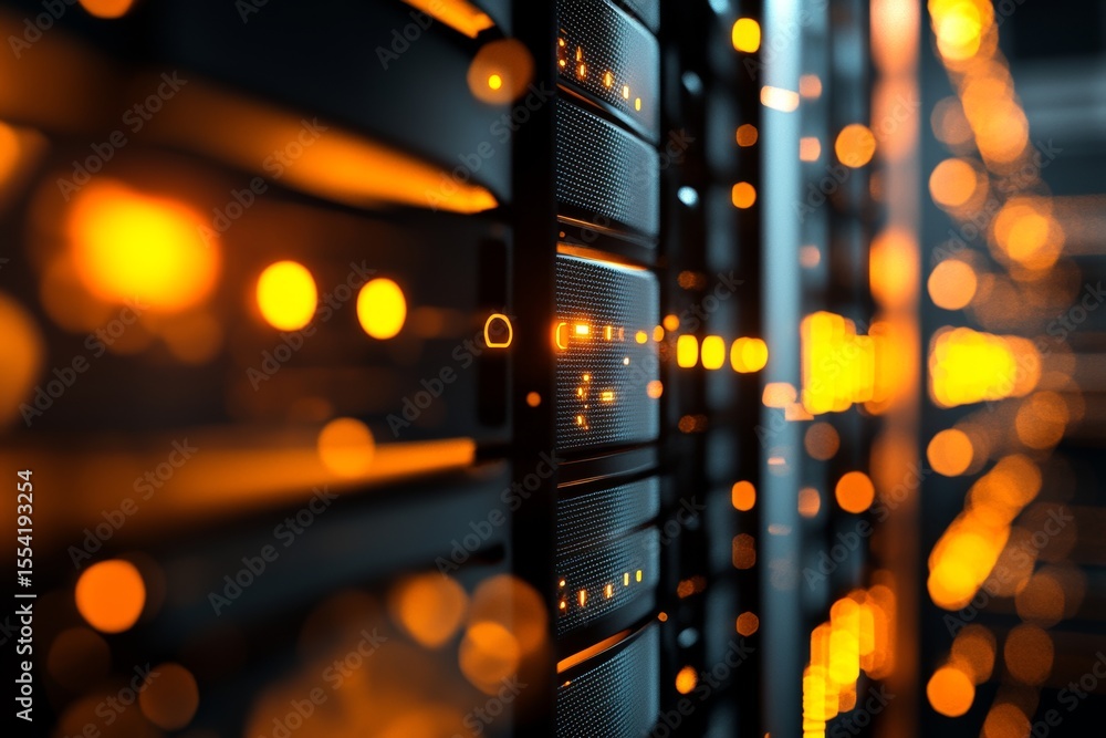 Poster bright led displays illuminate a data center filled with rows of modern server racks in a cutting-ed