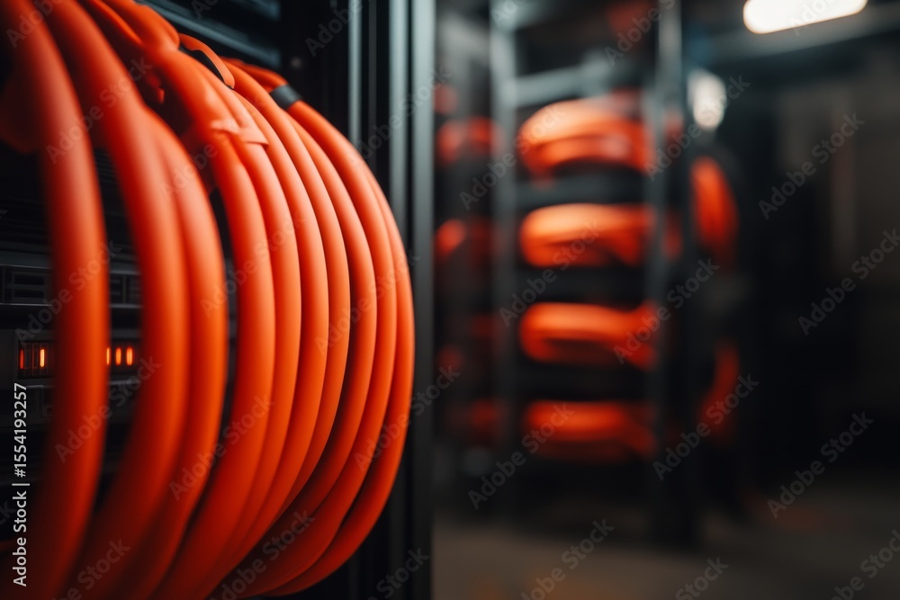 Poster high-tech servers and a tangled mess of cables fill the data center, which is brightly lit by a seri