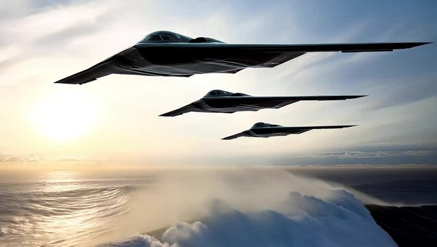 Three stealth bombers soar above the ocean waves. 