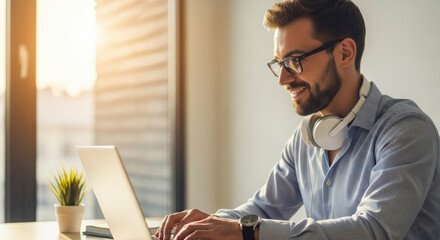 Bearded Man Working on Laptop with Headphones at Office Desk near Window with Natural Light and Small Plant Pot Wearing Blue Striped Shirt