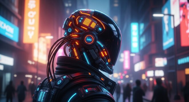Cyberpunk futuristic warrior in a neon-lit city street with blurred crowds and glowing advertisements