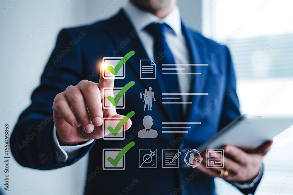 Poster businessman using digital tablet checks tasks on checklist