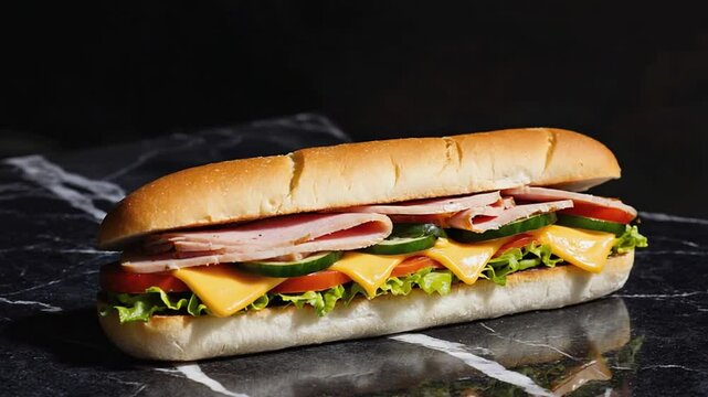 Preparing Delicious Sub Sandwich with Ham, Cheese and Vegetables on Marble Surface