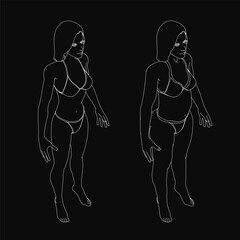A young woman in a bikini poses confidently against a black background, flanked by line drawings of her before and after weight loss. The before sketch highlights a larger belly, while the after.