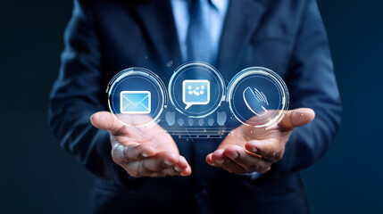 Conceptual representation of communication channels over a businessman's hands, illustrating contact, support, and digital connectivity.