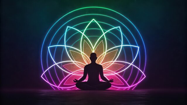 Silhouette meditating in front of a glowing lotus flower with radiating neon circles behind it