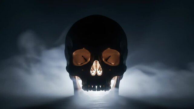 Illuminated Skull in Fog - A dark human skull is dramatically lit from below, creating a glow within its eye sockets and nasal cavity.