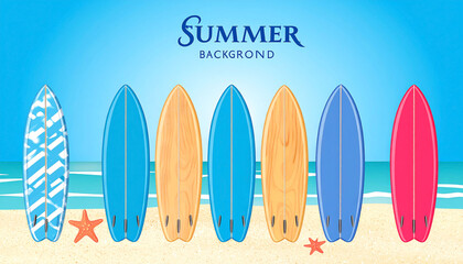 Vibrant summer beach scene featuring seven surfboards of varying colors and designs, standing upright in the sand with starfish on either side, against a bright blue ocean backdrop