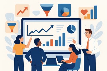 Diverse Team Analyzing Data Charts Graphs on Large Computer Screen Business Meeting Collaboration