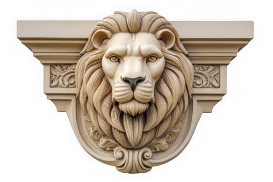 Lion head stone carving detail on transparent background
