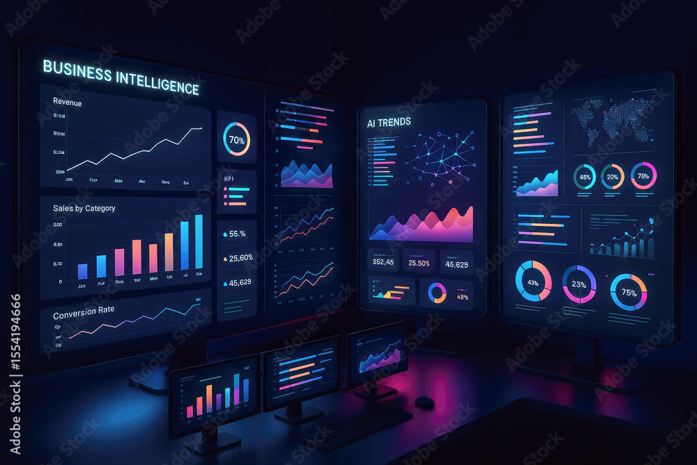 Poster futuristic data command center showing business intelligence and ai trends on multiple monitors with
