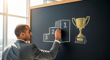 Man Draws Chalkboard Ranking Diagram and Golden Trophy near a Window in a Bright Office Wearing Gray Suit Showing Business Success and Leadership