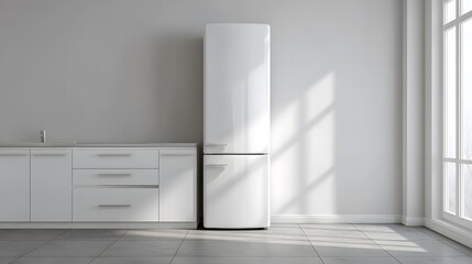 Modern minimalist kitchen with white refrigerator and cabinetry