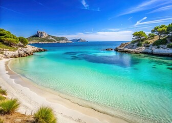 A picturesque beach scene with calm turquoise water