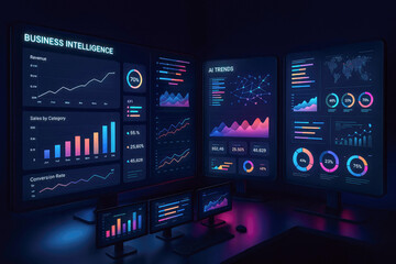 Futuristic Data Command Center Showing Business Intelligence and AI Trends on Multiple Monitors with Graphs Charts and Key Performance Indicators in Pink Blue and Orange Hues