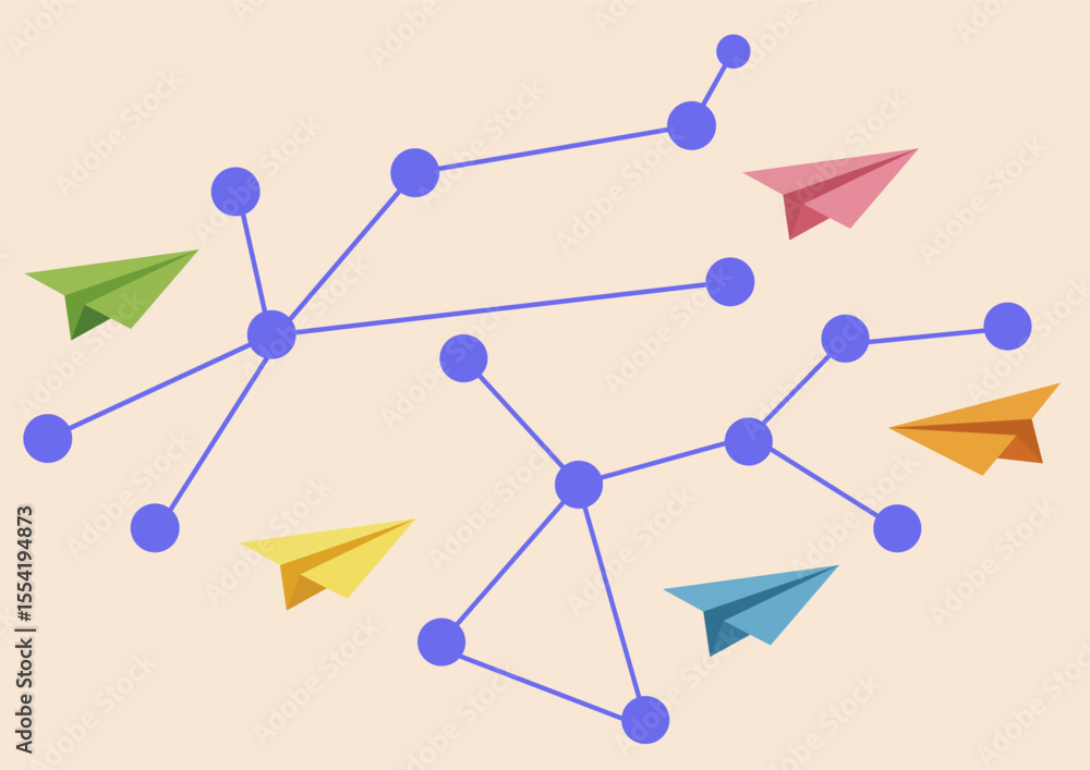 Poster a colorful paper airplane flying across a network of connected nodes illustration. this graphic repr