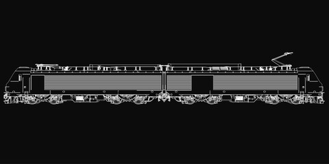 Blueprint of an electric locomotive in black and white, featuring detailed engine components, passenger cabins, and mechanical elements. The technical drawing highlights the train's structure © German Ovchinnikov