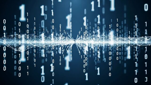 Abstract Binary Code Background with White Digits on Dark Blue Backdrop Showing Digital Information and Technology