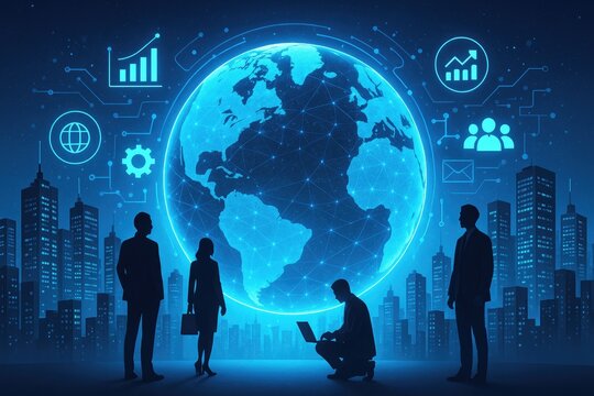 Global Tech Integration Generation Silhouetted Businesspeople Cityscape Background Blue Illuminated Earth Network Connections Data Graphics - Powered by Adobe