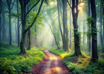 Fototapeta premium Forest Path in Misty Dawn
