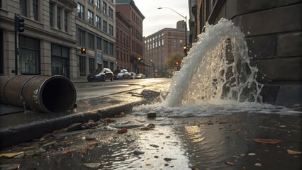 Water gushing from a broken pipe on a city street with buildings and cars in the background view