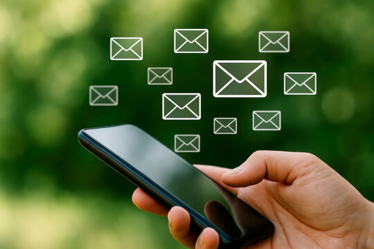 Hand holding black smartphone with multiple white email icons floating above it against a blurred green background