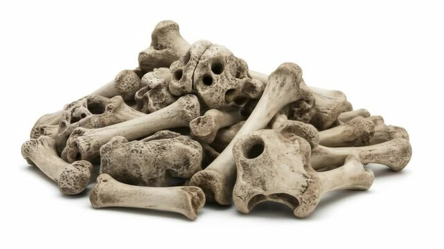 Pile of Animal Bones - A large pile of various animal bones is shown against a white background. The bones appear aged and weathered, with a textured surface.