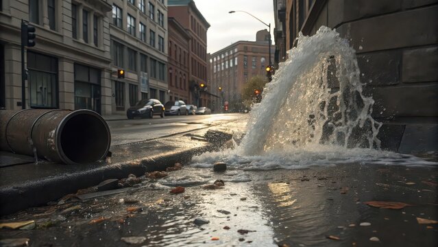 Water gushing from a broken pipe on a city street with buildings and cars in the background view