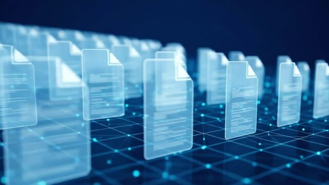 A network of glowing digital documents floats above a grid representing data connections and information flow