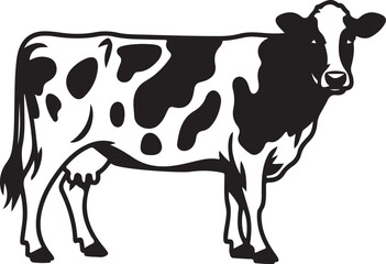 A Classic Black and White Illustration of a Holstein Cow, a Simple Line Art Style Depicting a Farm Animal, Perfect for Branding or Agricultural Designs.