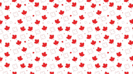 A repeating pattern of red maple leaves and white maple leaf outlines on a white background
