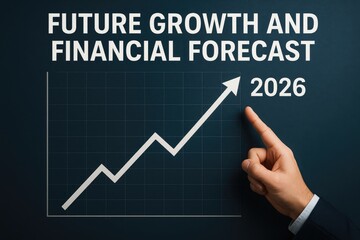 Hand pointing at upward trending graph showing future growth and financial forecast for 2026 dark blue background