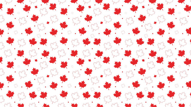 A repeating pattern of red maple leaves and white maple leaf outlines on a white background