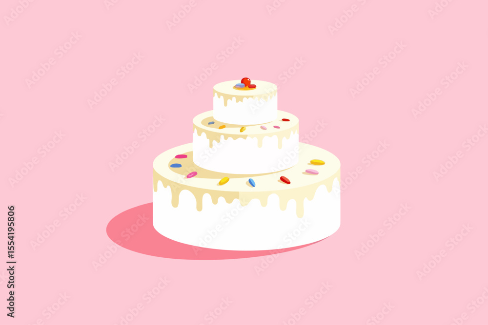Poster a round white cake with colorful details in the frosting, with another smaller round cake on top of 