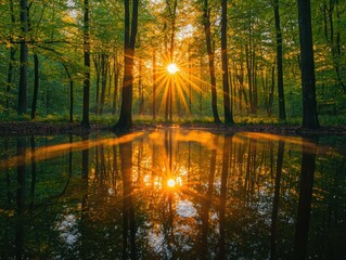 Obraz premium Sunbeams pierce a tranquil forest, reflected in a still pool