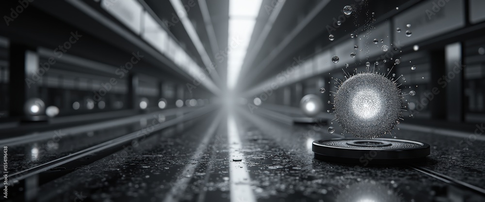 Poster abstract visualization of a floating sphere with particles in a modern urban environment