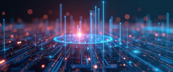 Fototapeta premium Abstract Technology Background with Blue and Orange Lights and Digital Lines on Dark Surface