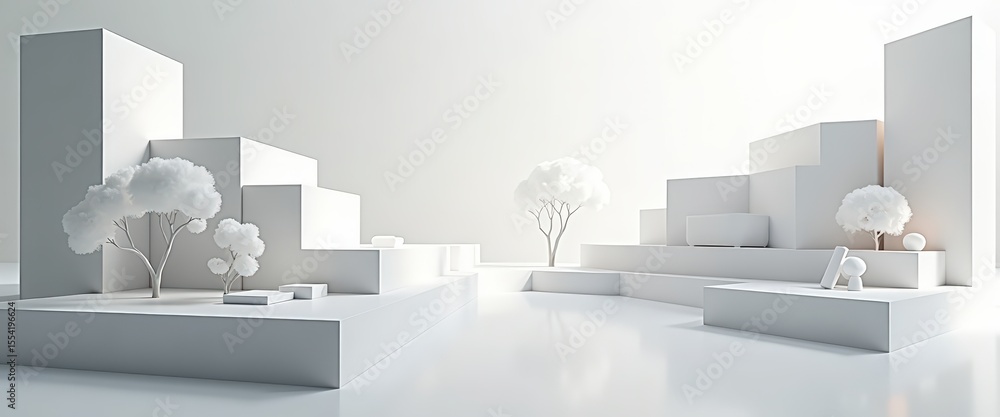 Aufkleber minimalist geometric landscape with soft white trees and abstract structures in bright light