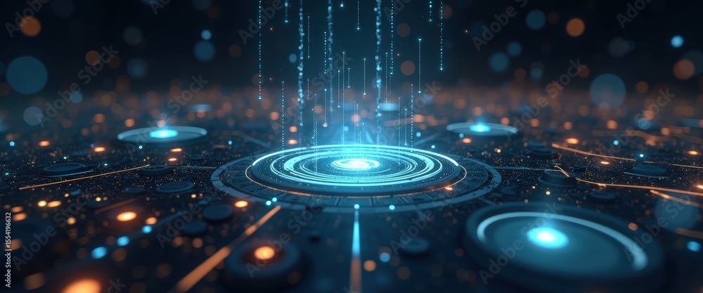 Poster futuristic abstract technology background with glowing circuits and data streams